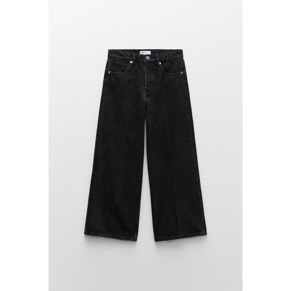 Black Denim Zara Hi-Rise Cropped Wide Leg Jeans (NWT) - Picture 3 of 6